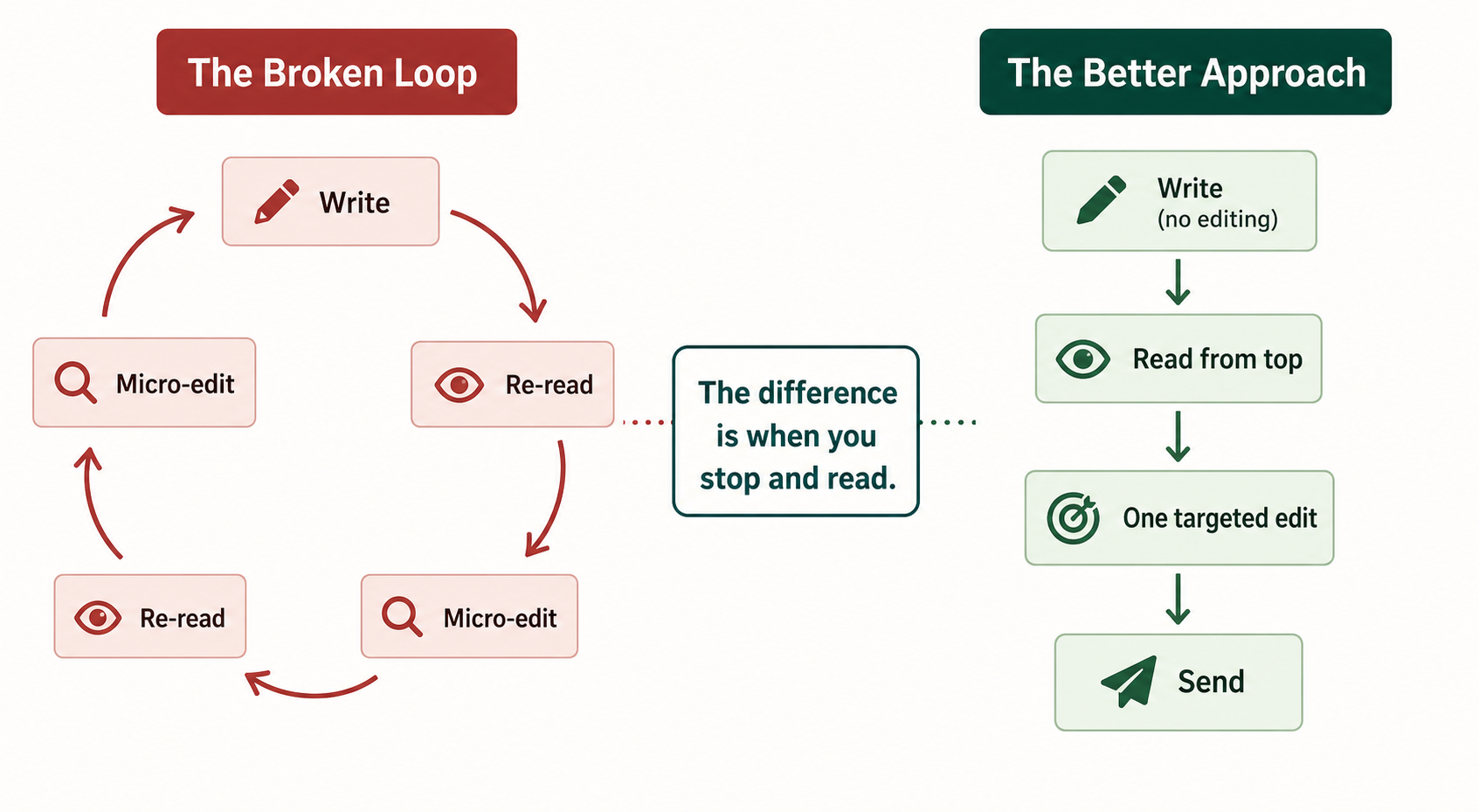 Flowchart comparing the broken three-draft rewrite loop versus the no-edit first draft approach