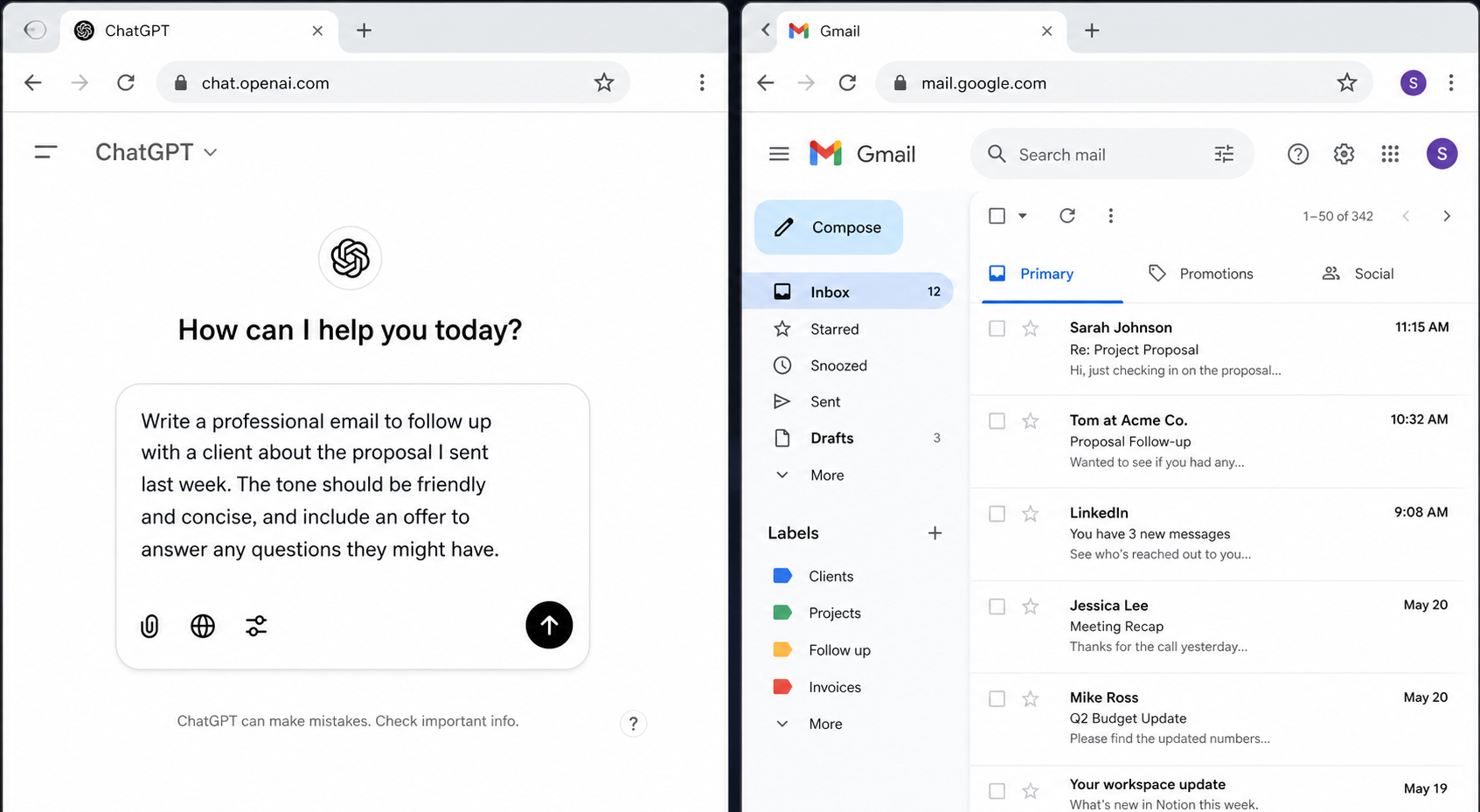 ChatGPT split screen with Gmail