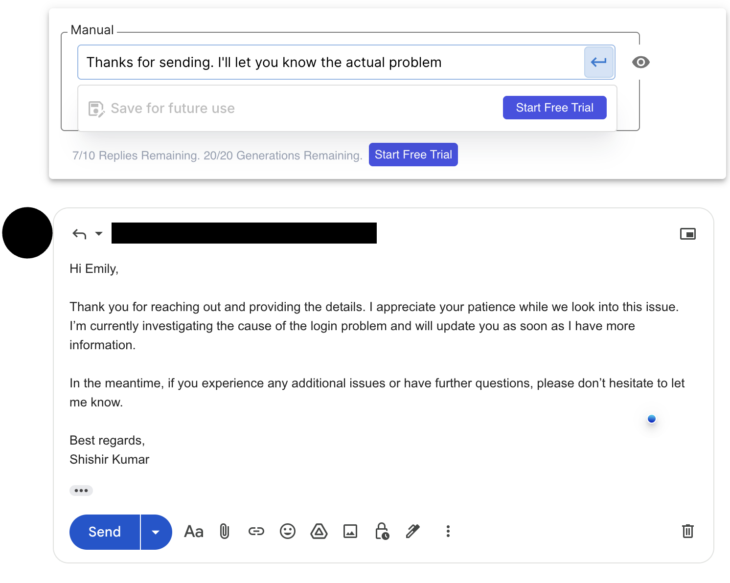 Compose AI reply assistant dashboard in Gmail