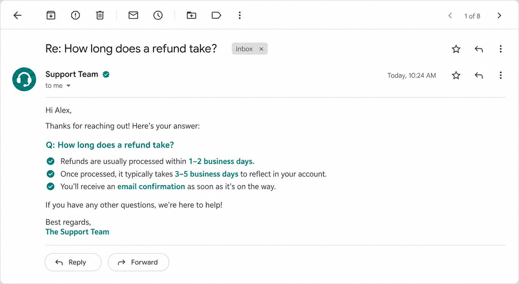 Clean customer support email reply example