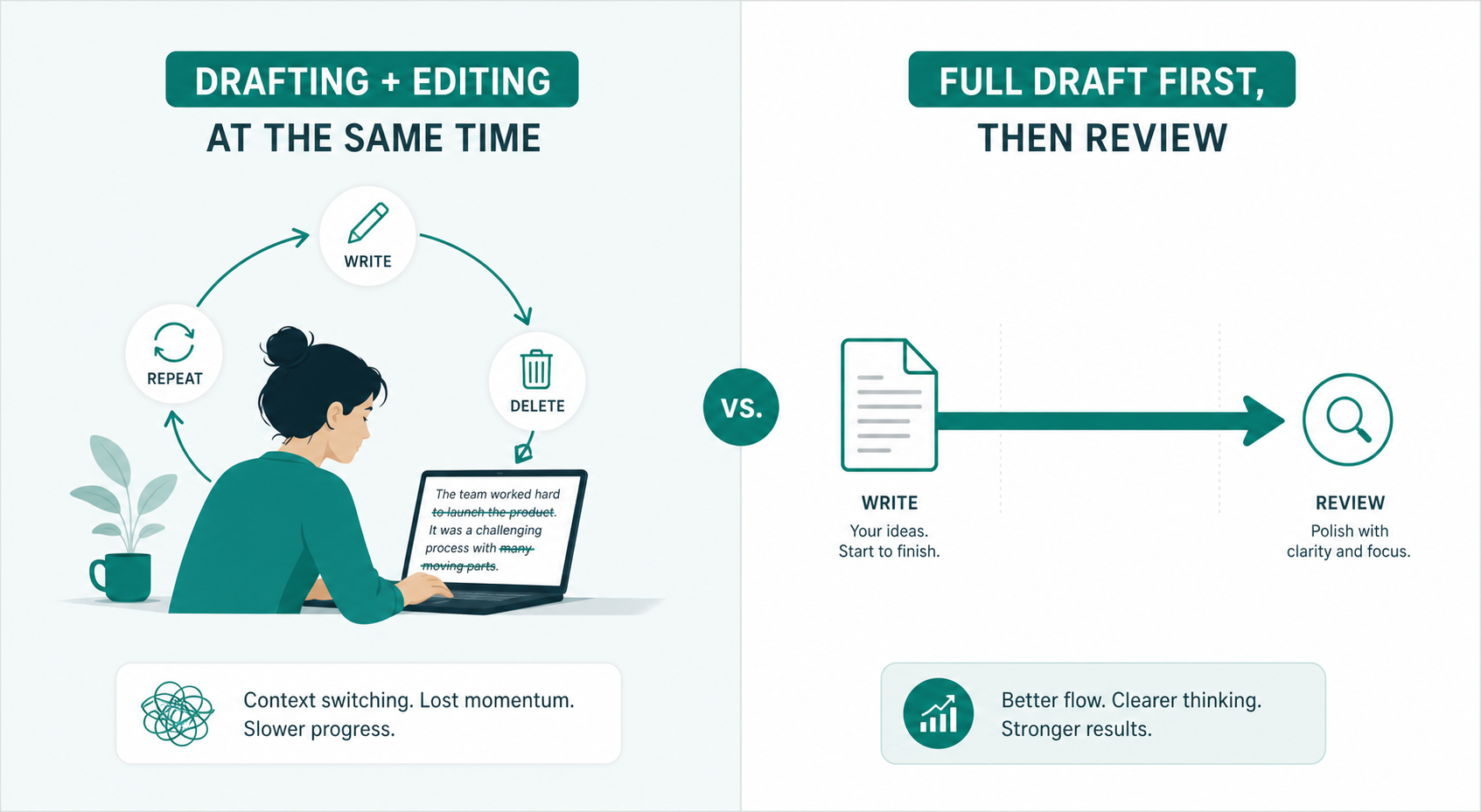 Comparison workflow diagram showing how editing while drafting creates revision loops