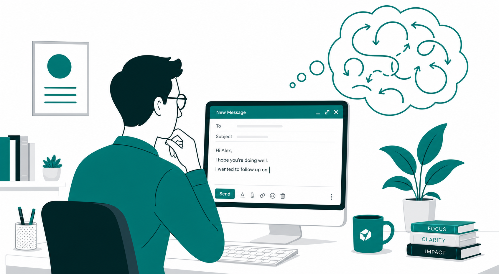 Illustration of a person stuck in a mental loop while writing an email, showing the hidden decision friction behind slow email drafting.