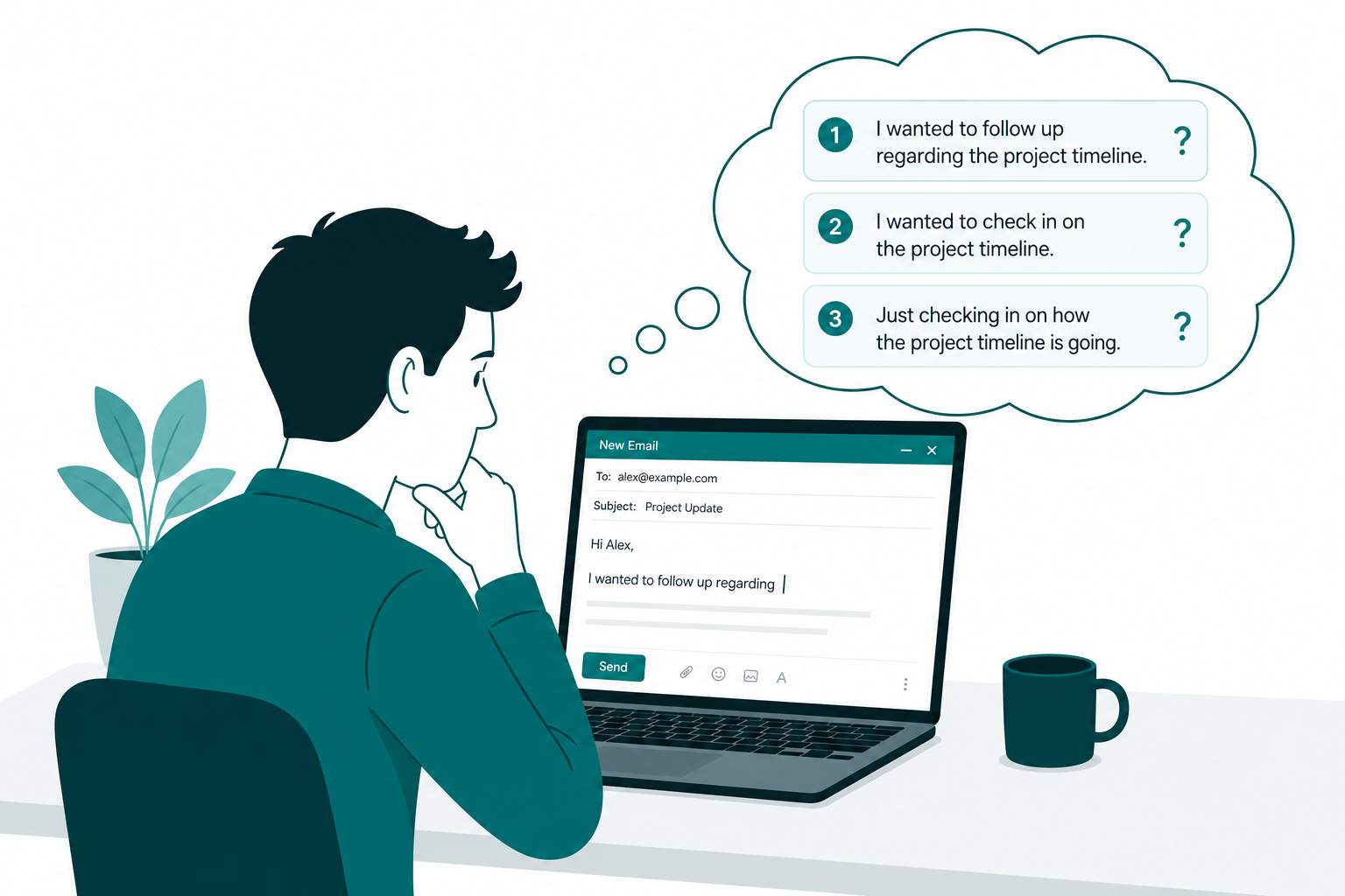 Person struggling to decide how to word a professional email reply