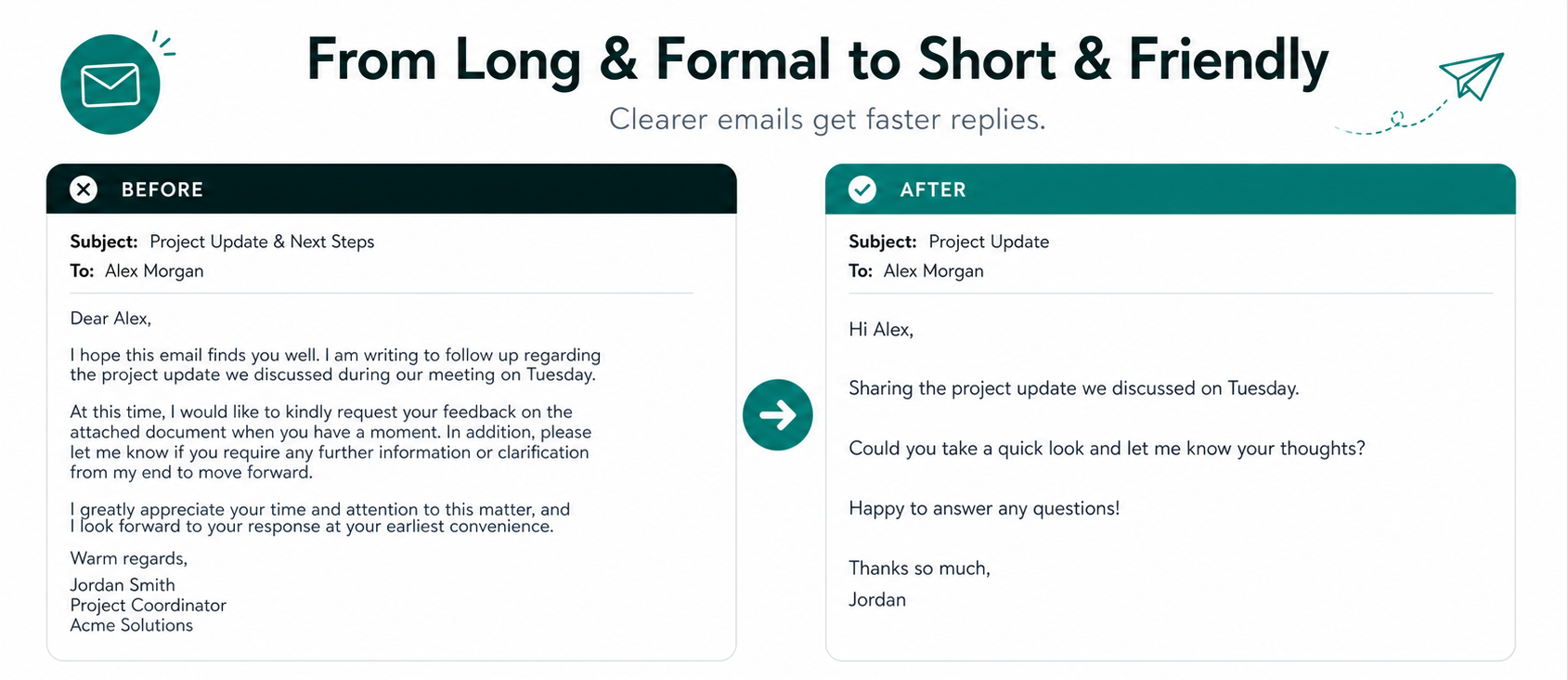Before and after comparison of a weak formal email versus a clear professional reply