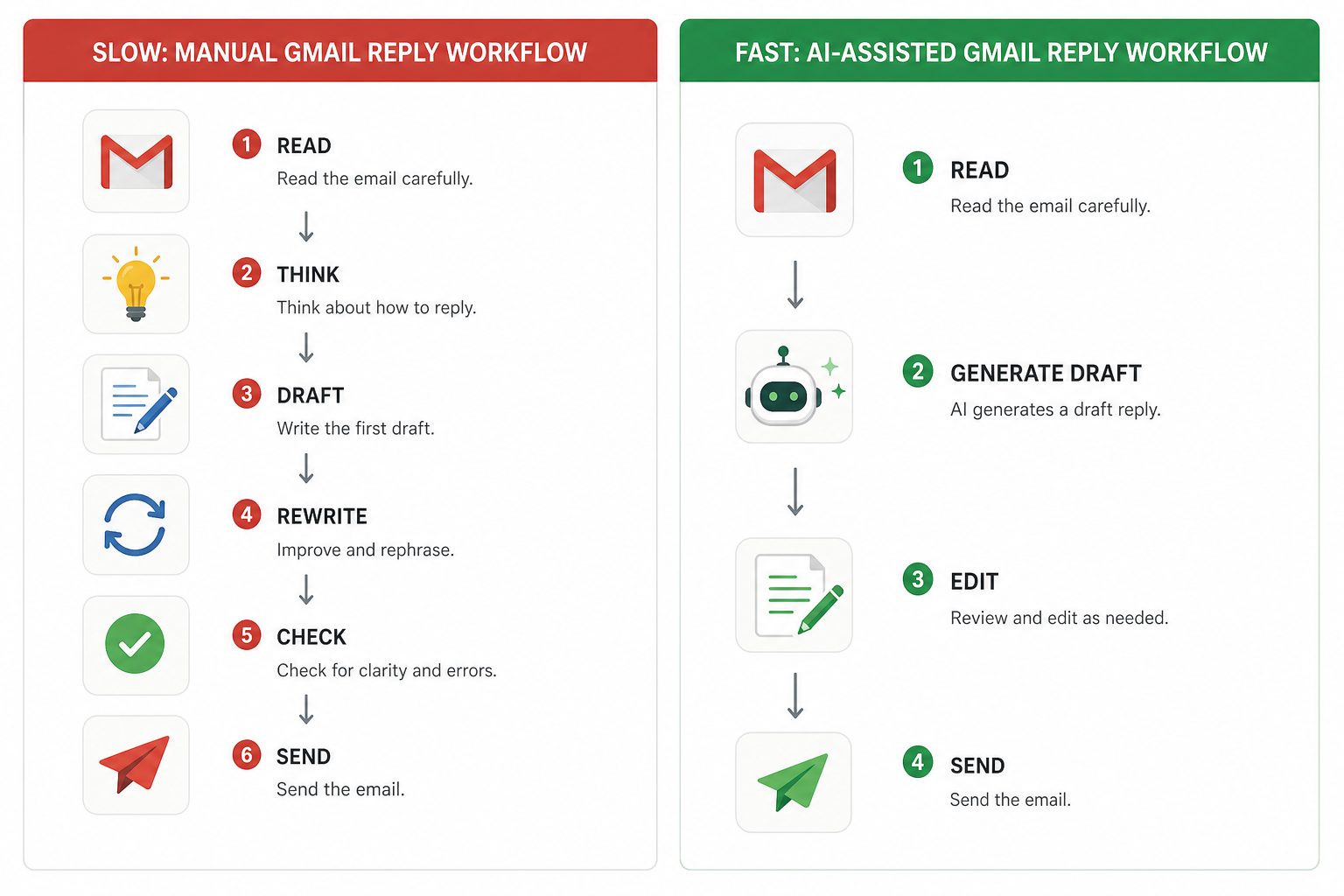 Gmail manual vs AI workflow comparison steps