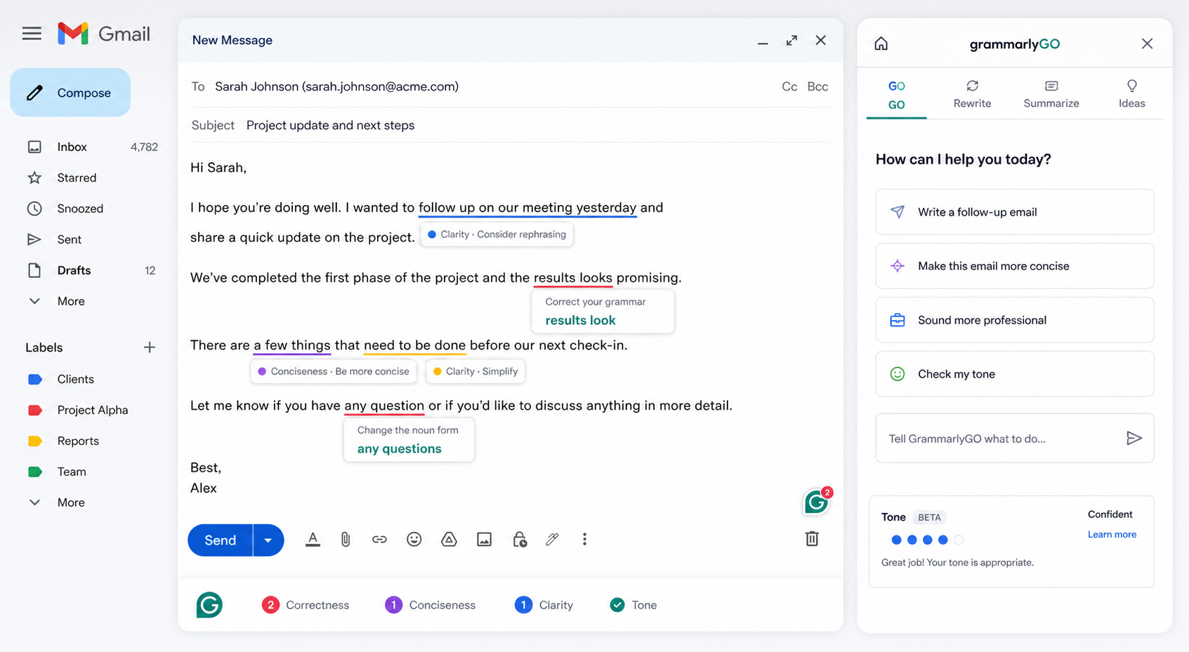 Grammarly Chrome extension suggestion highlights in Gmail