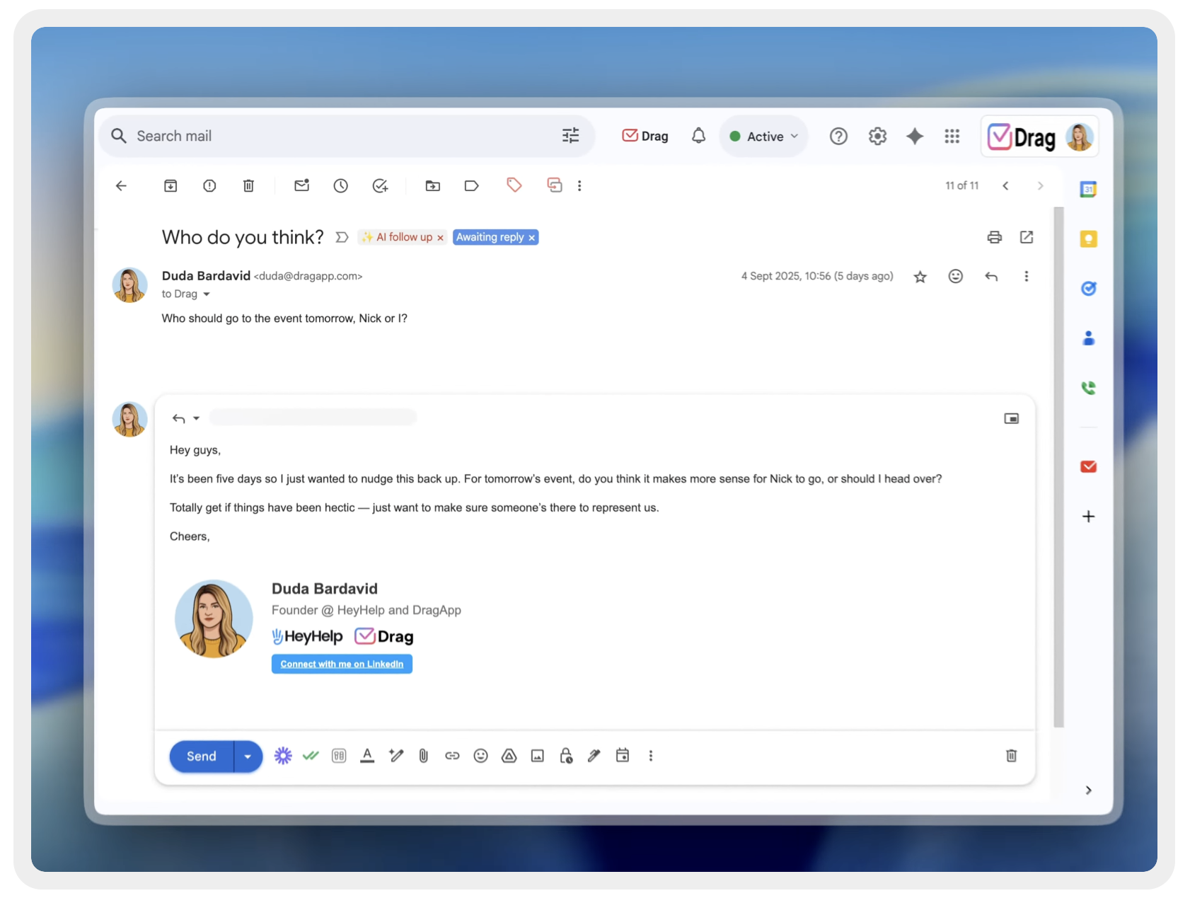 HeyHelp interface dashboard integrated in Gmail thread