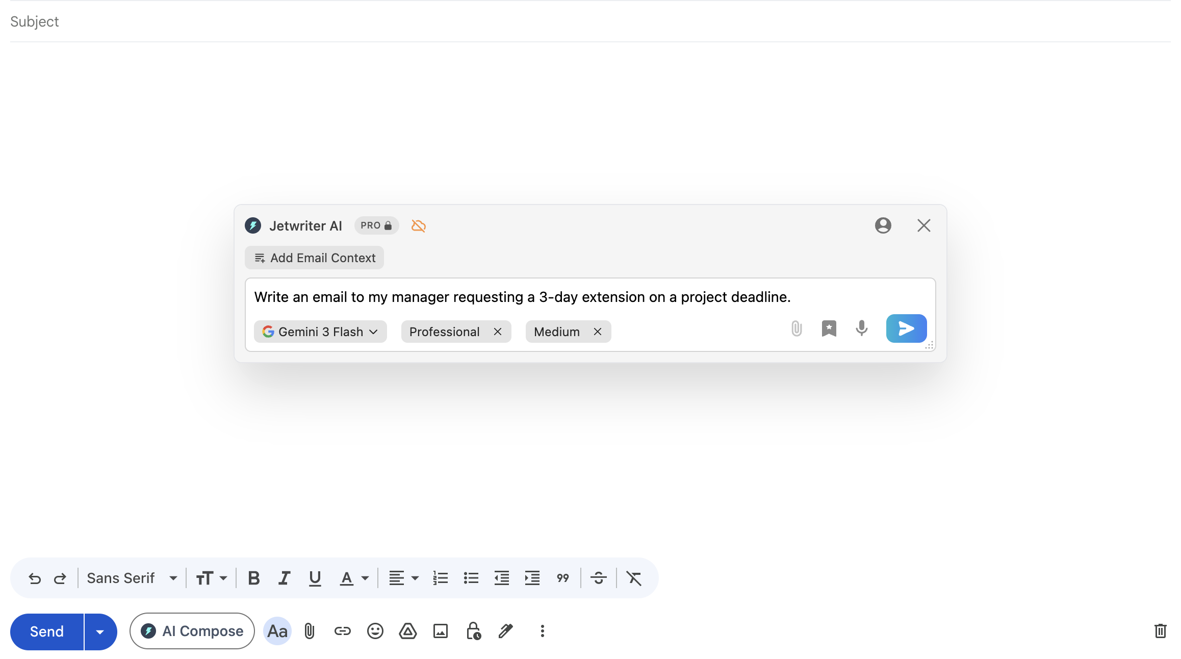 Jetwriter AI email compose assistant popup
