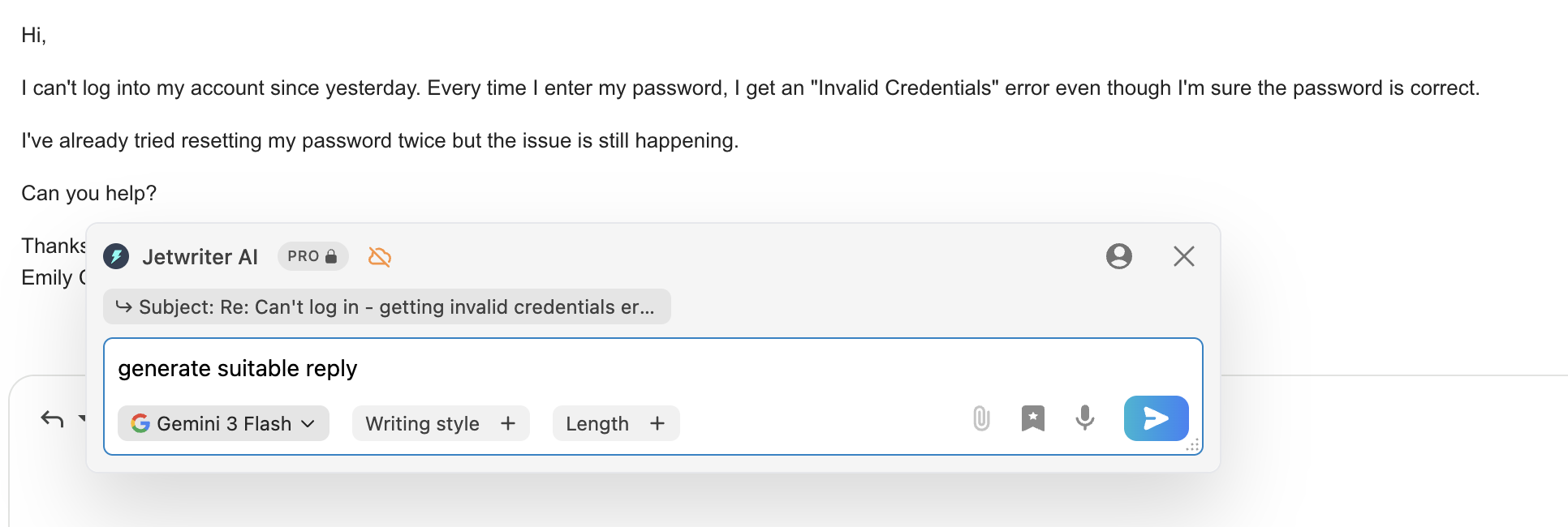 Jetwriter AI popup reply interface overlay in Gmail