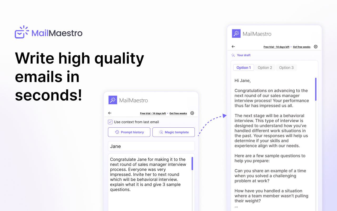 MailMaestro sidebar mockup panel interface inside Gmail