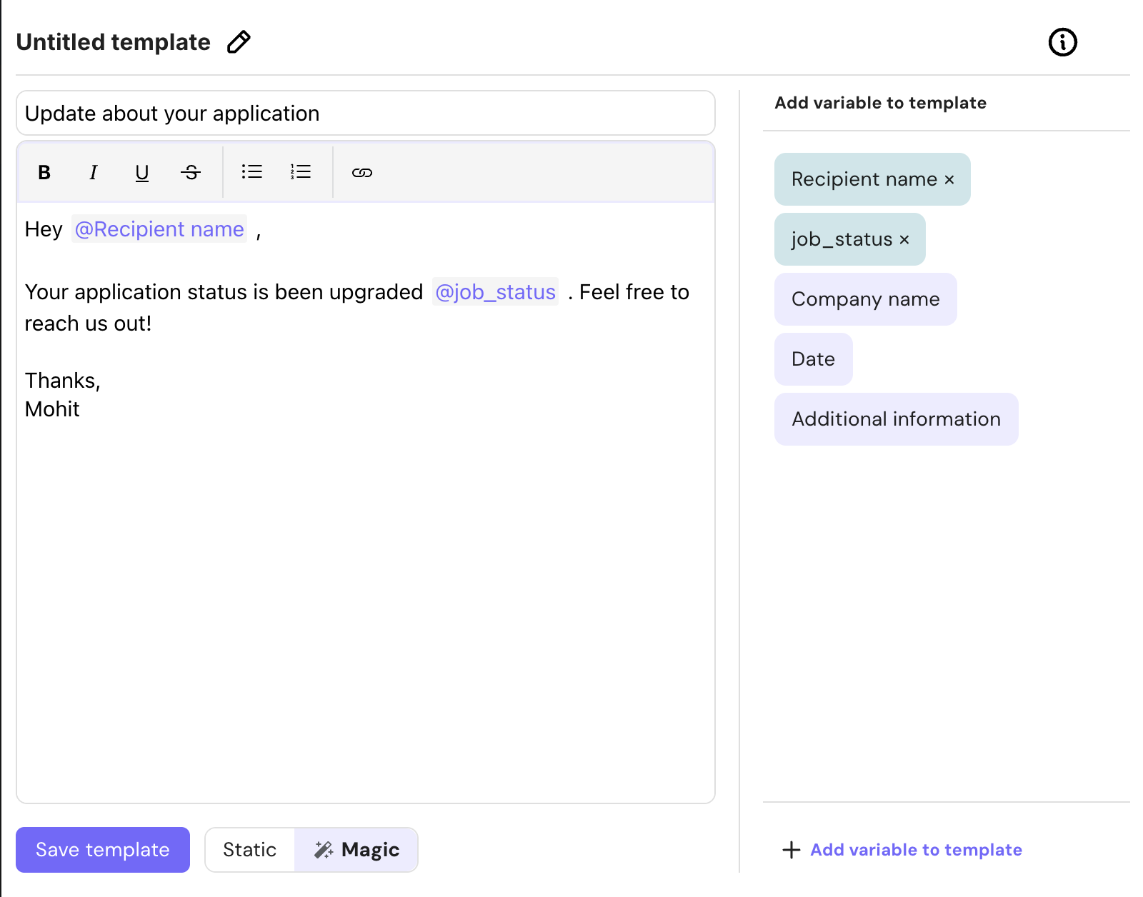 MailMaestro template variables builder interface