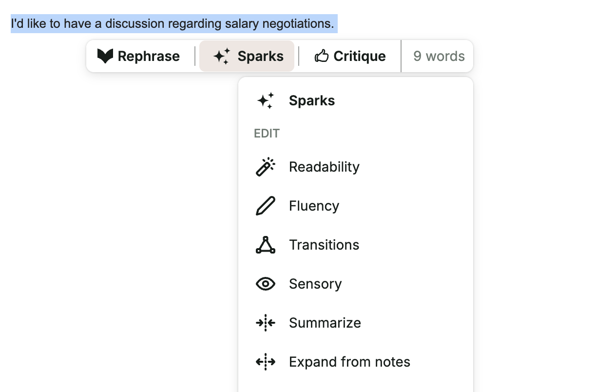 ProWritingAid Sparks AI-driven edit options menu overlay