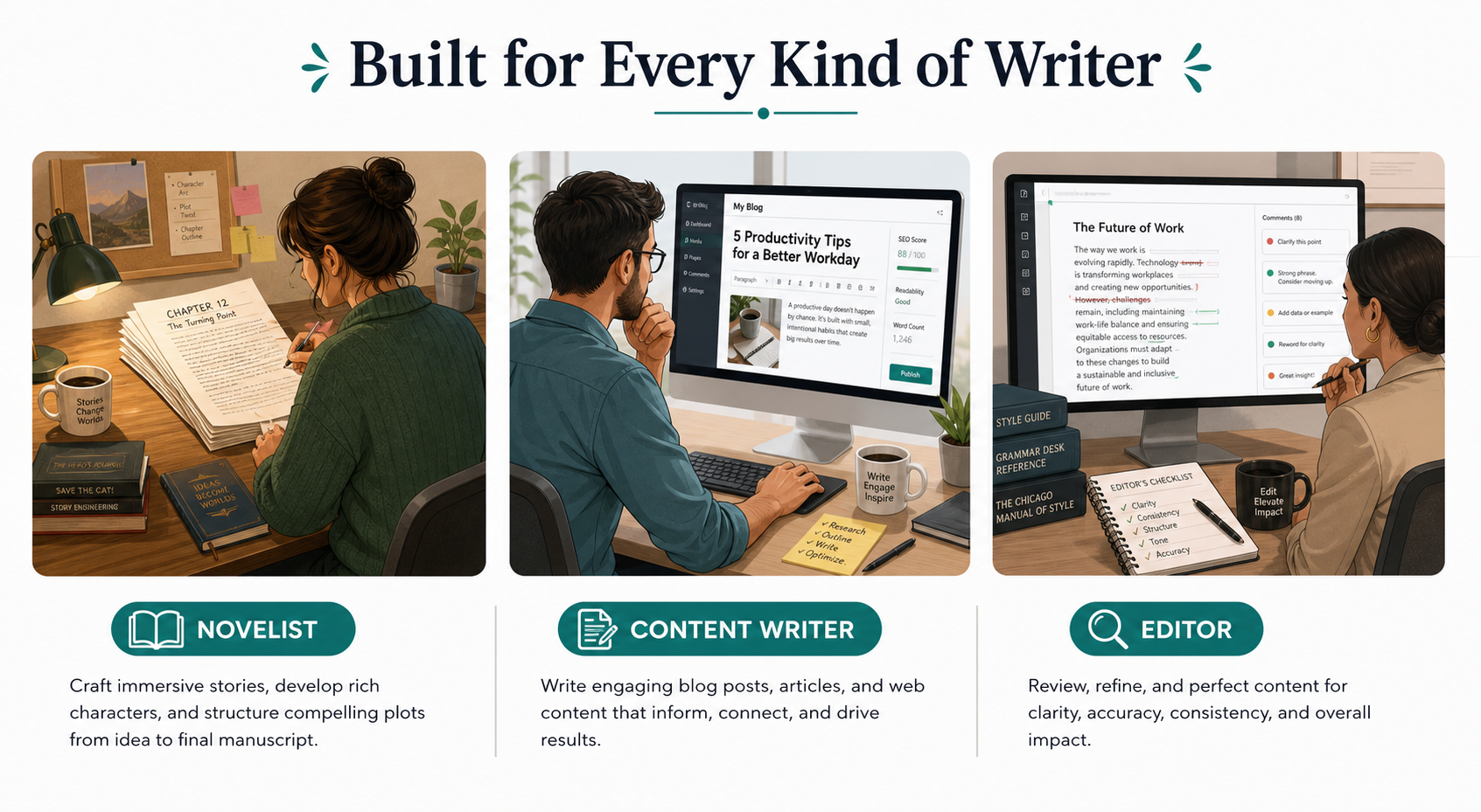 Comparison of three writer types that ProWritingAid serves best: novelists, content writers, and editors