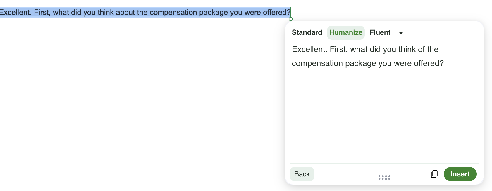 QuillBot Humanizer tool interface showing text rewriting from AI to human style