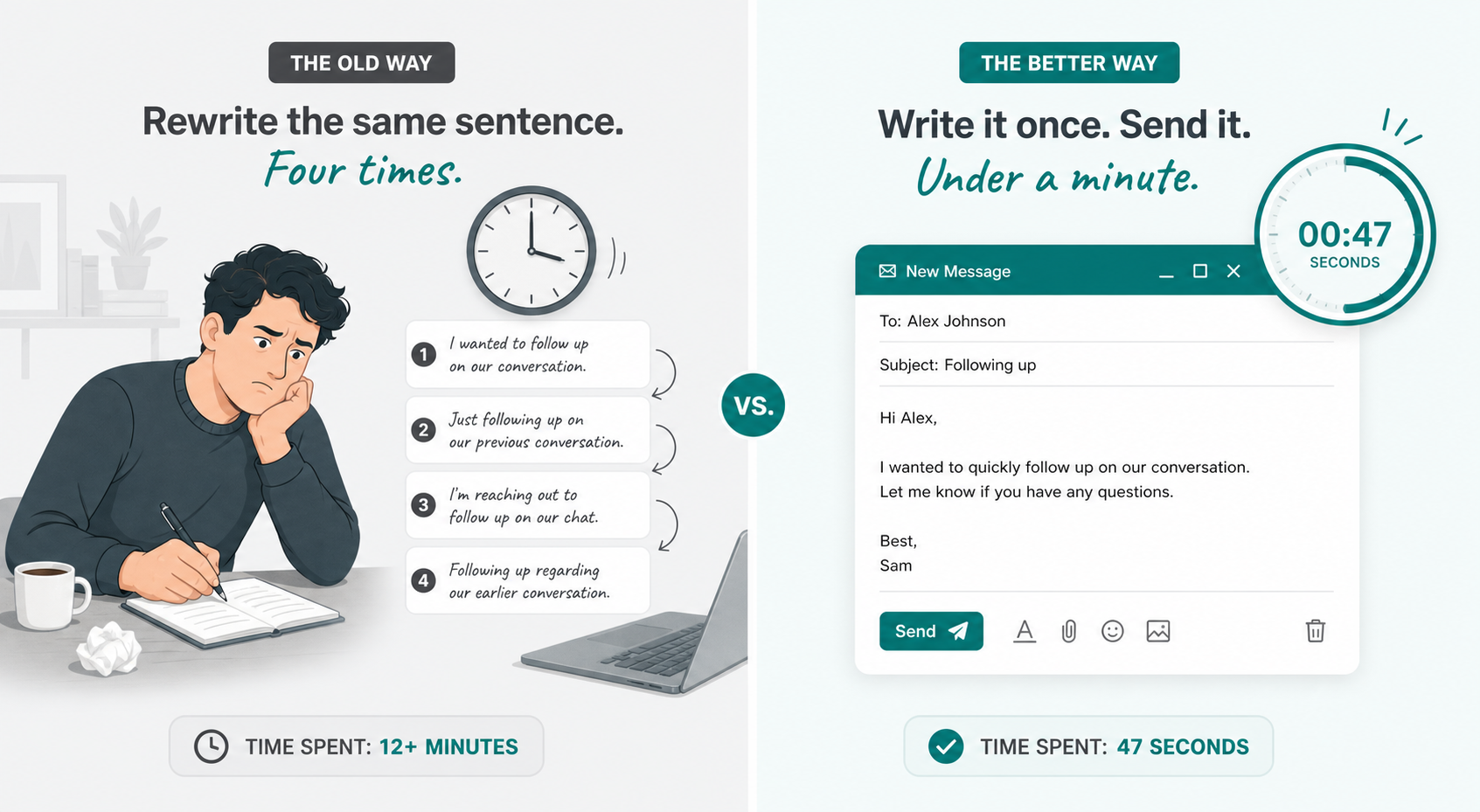 Visual showing time wasted rewriting versus quick efficient email sending