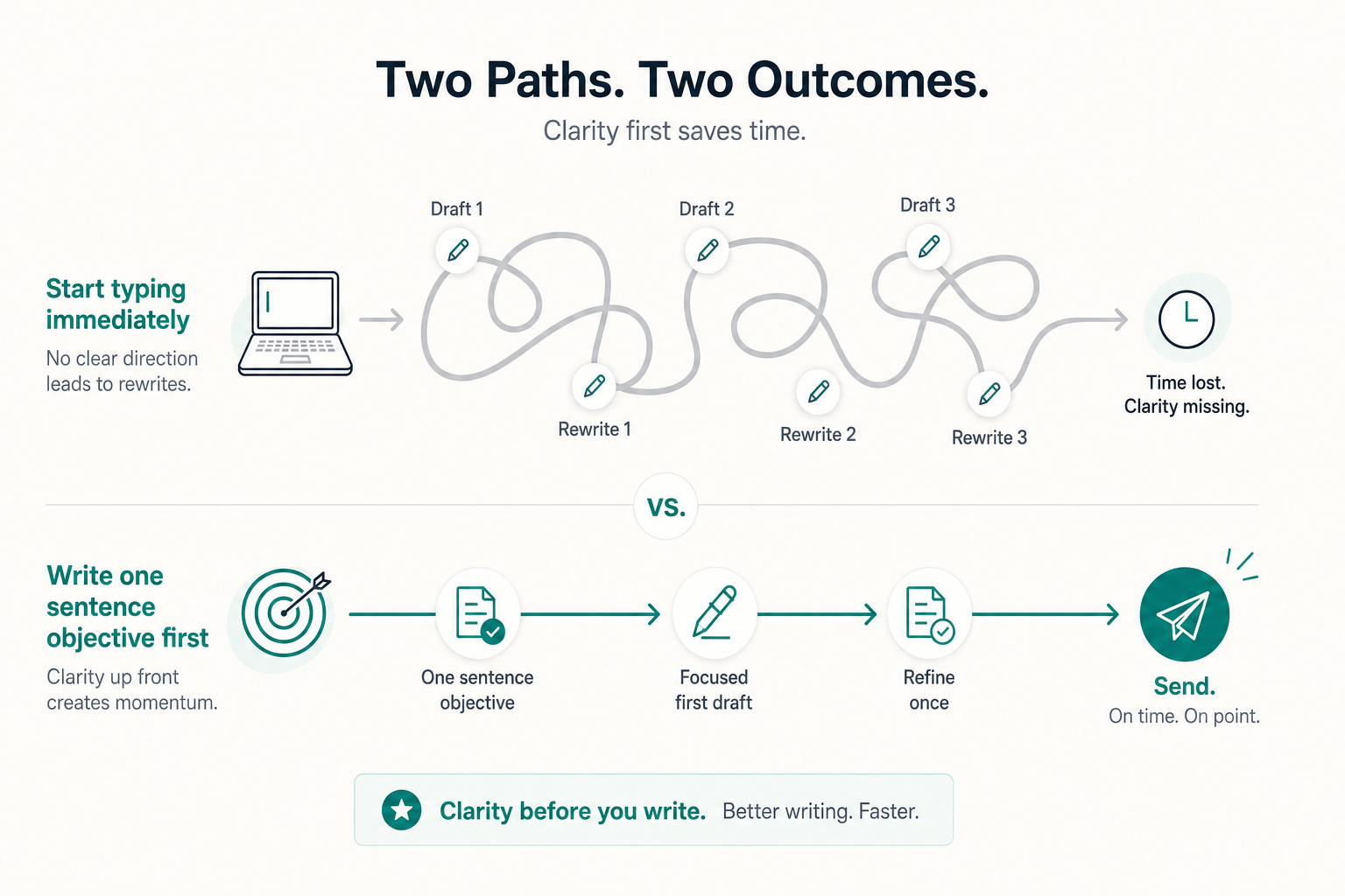 Infographic showing how writing a one-sentence email objective before drafting reduces rewrites