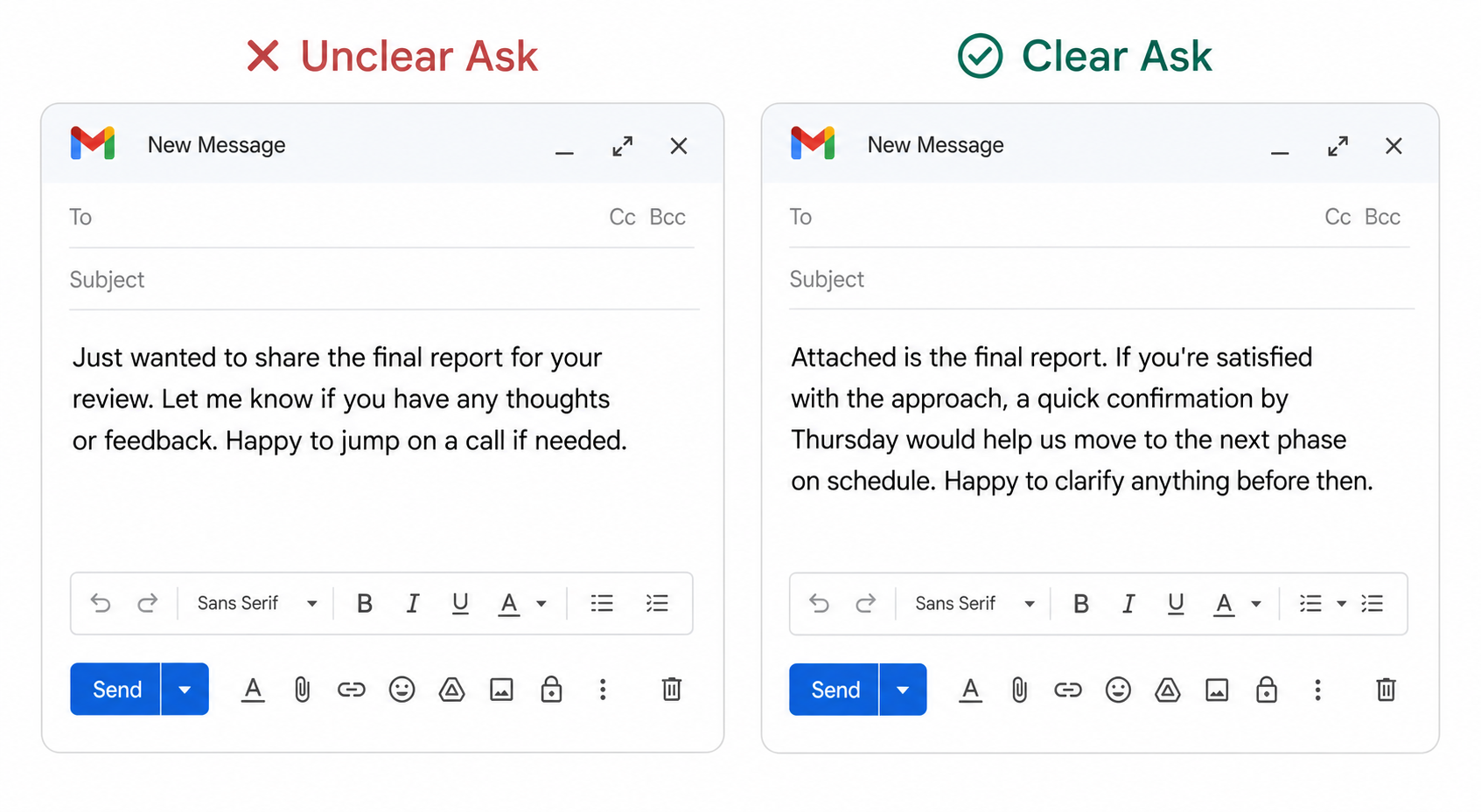 Side-by-side comparison of a weak client review request versus a clear, actionable version