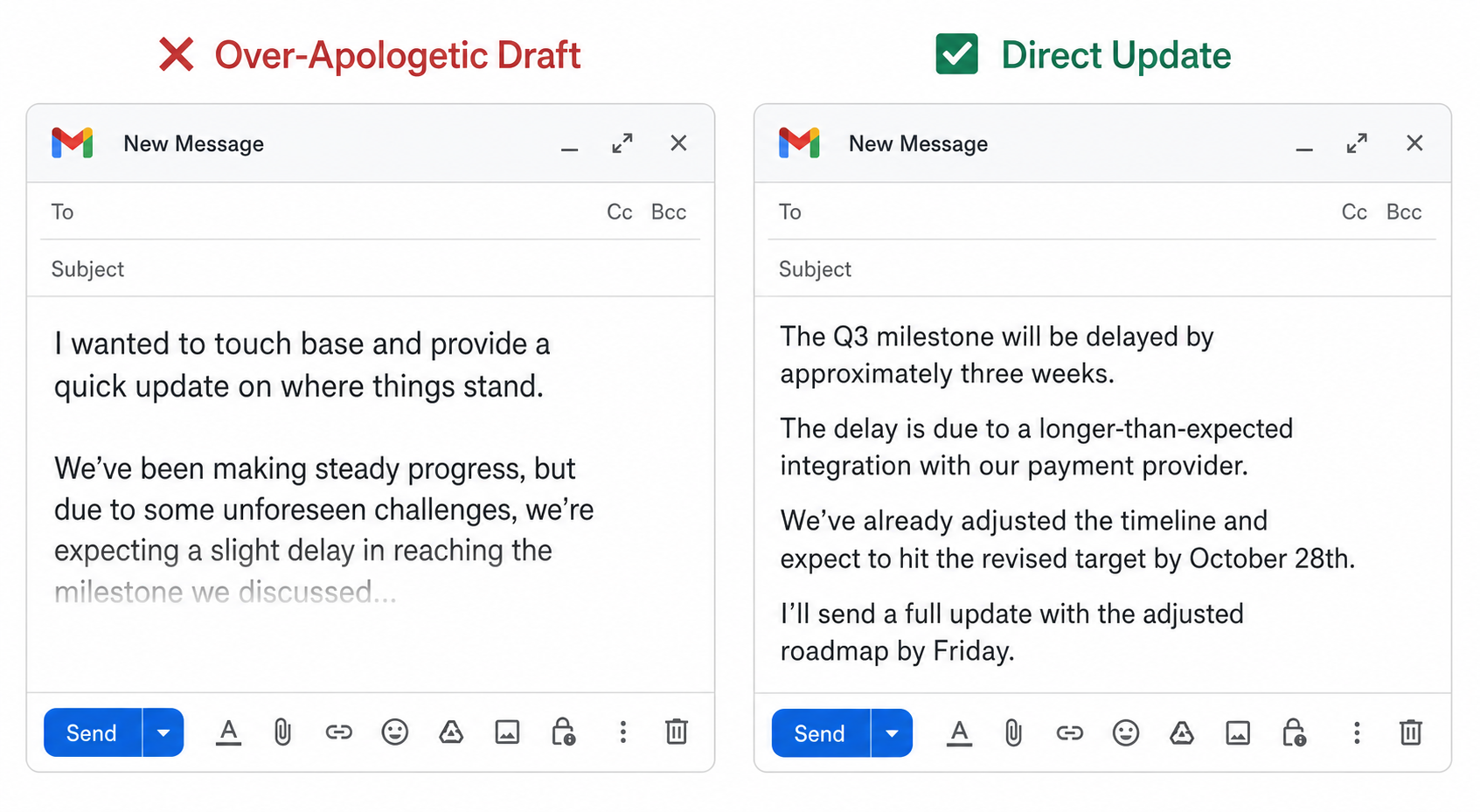 Side-by-side comparison of an over-apologetic delay notification email versus a direct, structured update