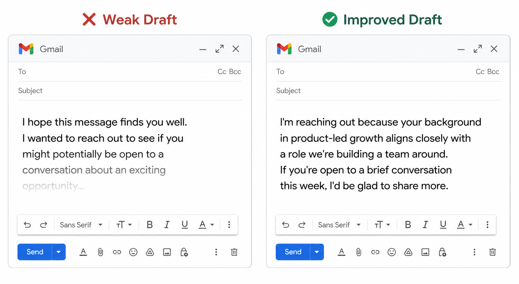 Side-by-side comparison of a weak recruiter outreach email versus a direct, improved version