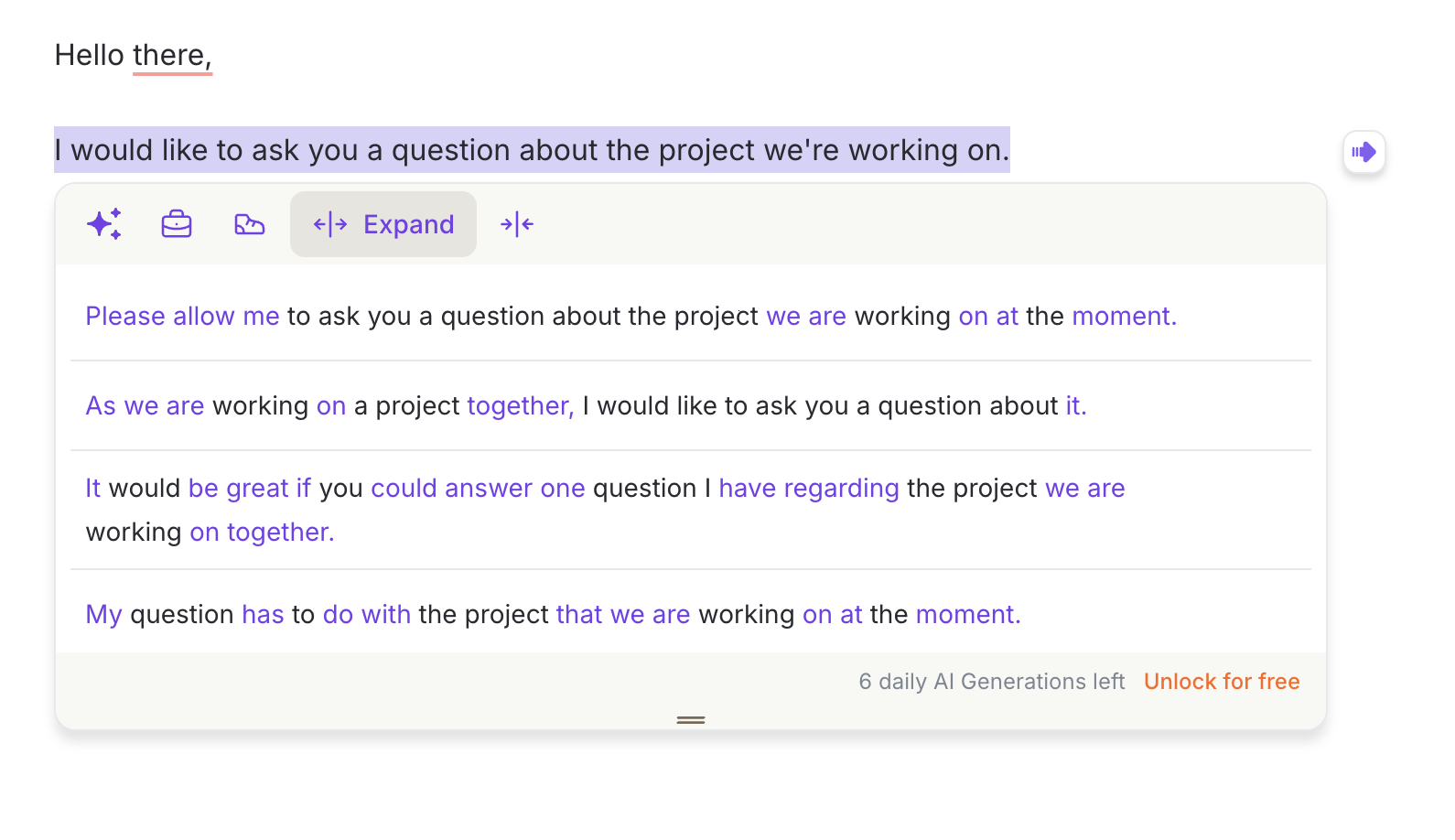 Wordtune rephrasing toolbar interface over highlighted sentence in Gmail